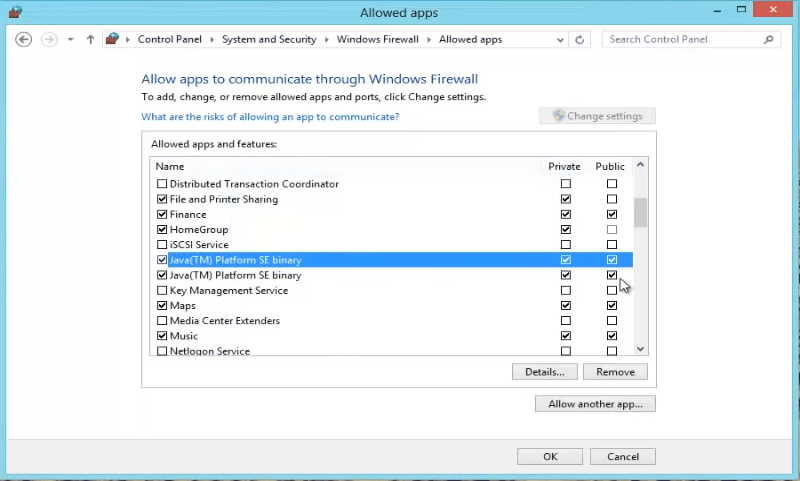Configuring Windows Firewall settings for Java SE binary file - Step 1 to 8