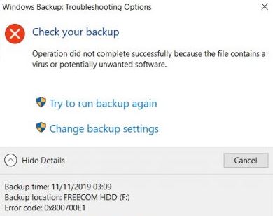 Windows Backup error code 0x800700E1